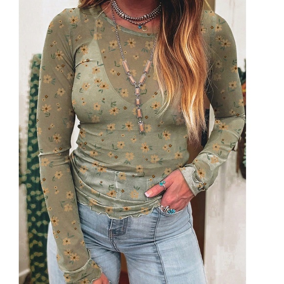 Boho Floral Print Semi Sheer Long sleeve Top - Picture 2 of 5